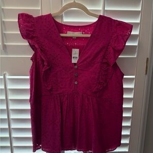 LOFT Pink Flutter Sleeve Ruffled Blouse
